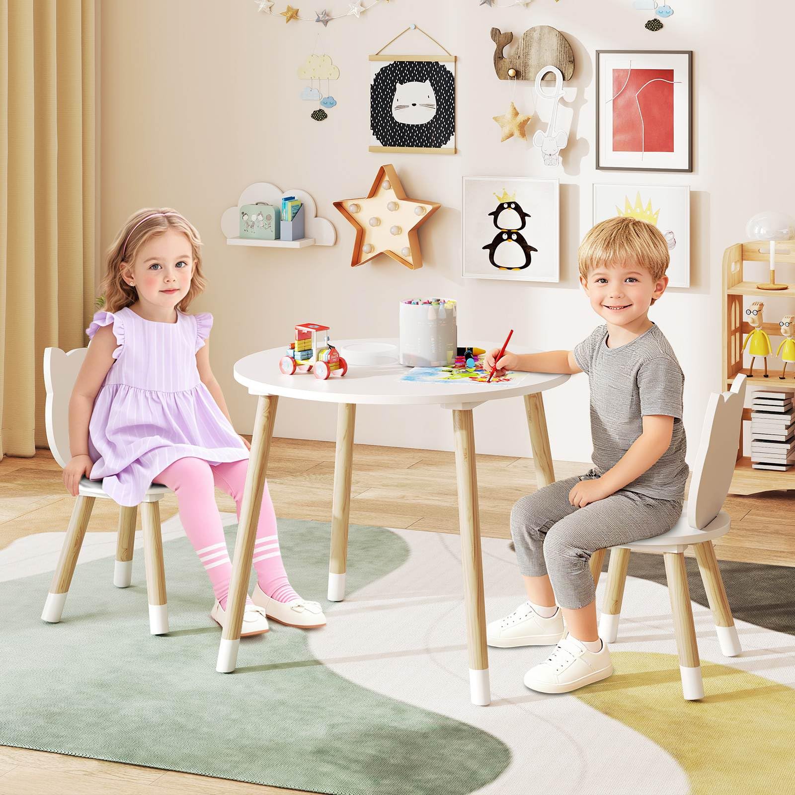 Kids Table and Chairs Set, Wooden Toddler Desk and Chair Set for Classroom Daycare Home