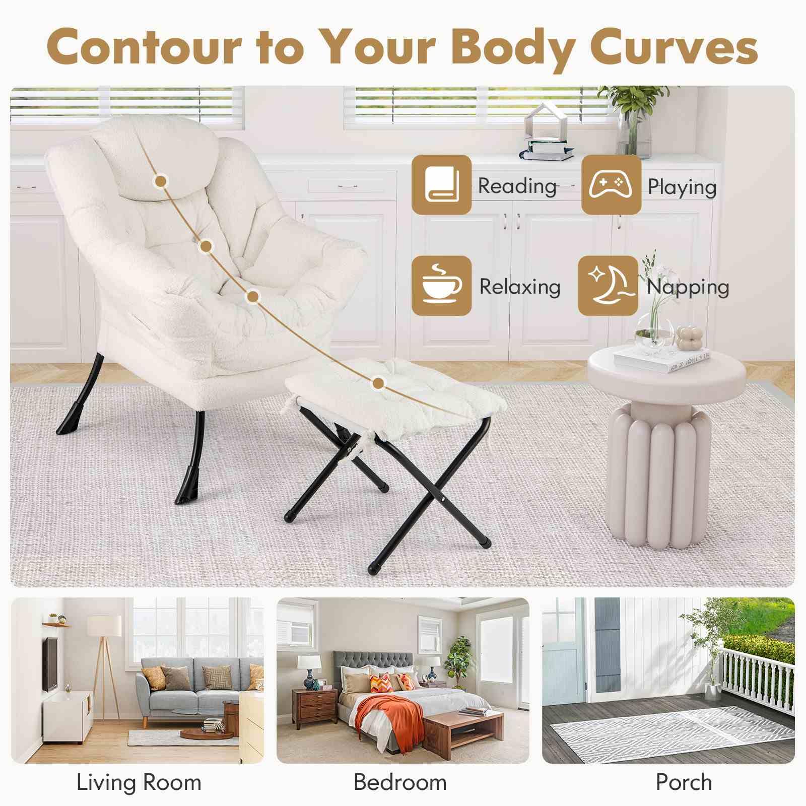 Lazy Chair with Ottoman, Modern Accent Chair with Folding Footrest, Head Pillow, Armrests