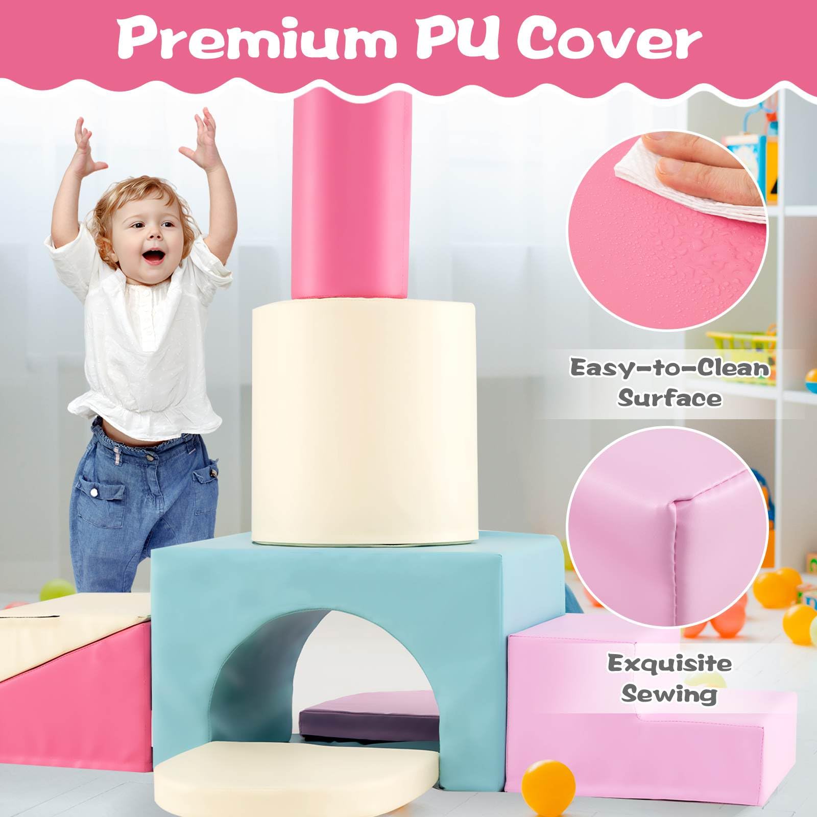 7-Piece Foam Climbing Blocks Soft PU Leather Play Gym