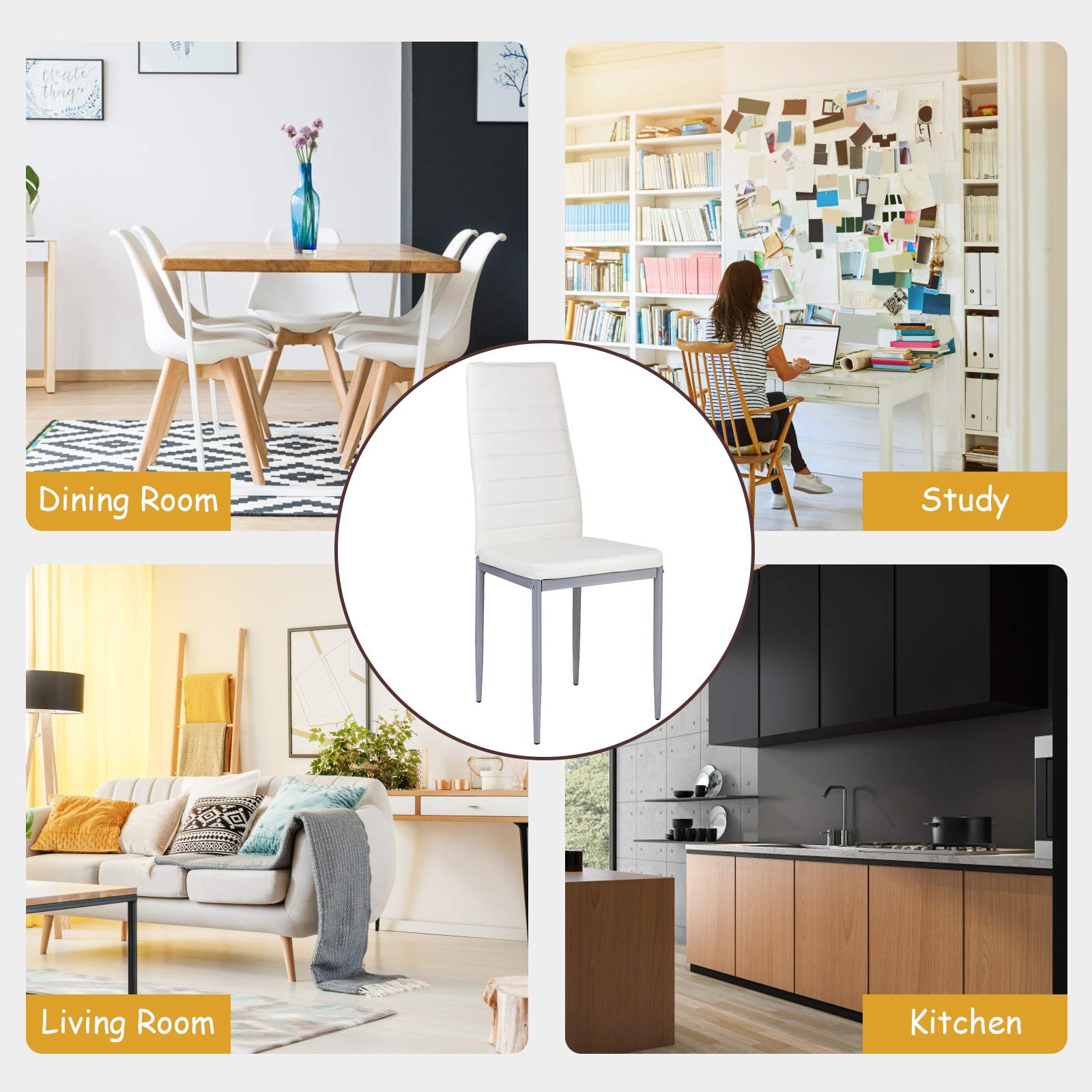 Giantex Set of 4 Dining Chairs with High Backrest, Kitchen Chair with Metal Legs, Leather Seat