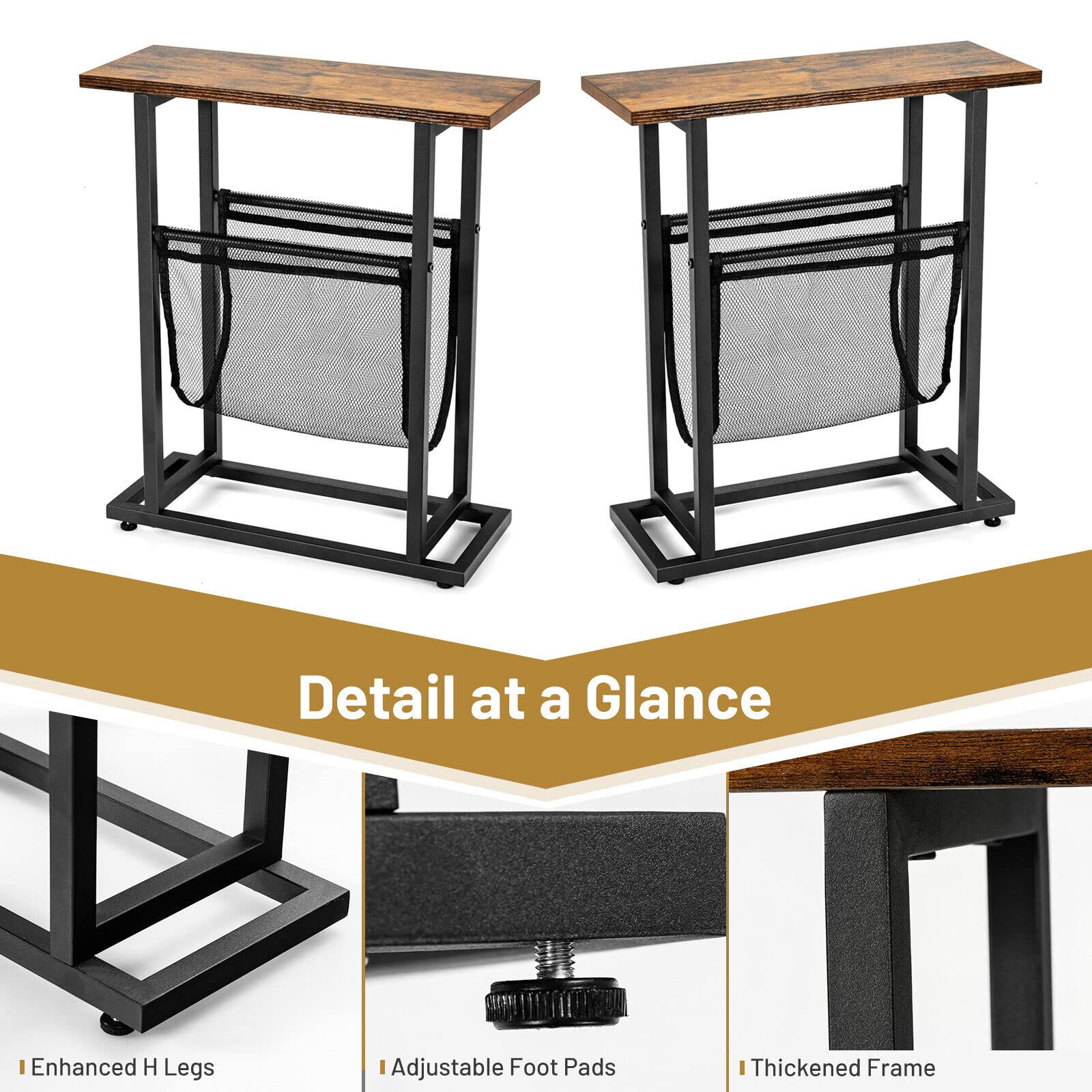 Giantex 2-Layer Rustic Side Table, Small Industrial End Table W/Magazine Holder, Wood Tabletop