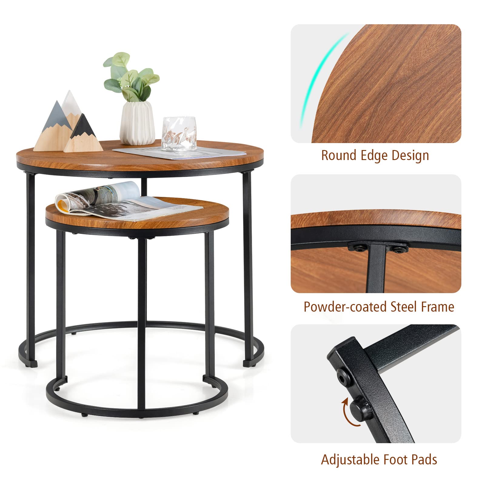 Giantex Set of 2 Compact Stacking Side Tables w/Wooden Tabletop & Powder-Coated Steel Frame