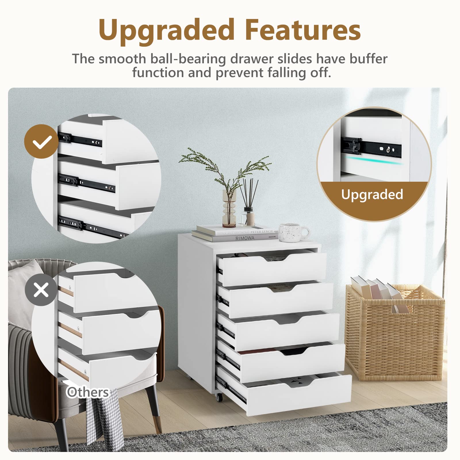 5-Drawer Chest of Drawers Wooden Dresser Chest, Mobile Lateral Filing Cabinet with Wheels