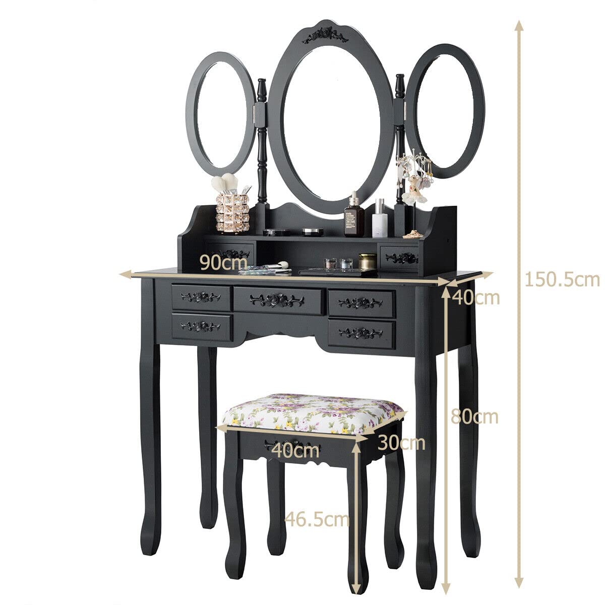 Giantex Folding Vanity Table Set with Mirrors, Elegant Makeup Table & Cushioned Stool Set w/ 7 Drawers and Open Shelf