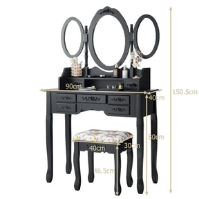 Giantex Folding Vanity Table Set with Mirrors, Elegant Makeup Table & Cushioned Stool Set w/ 7 Drawers and Open Shelf