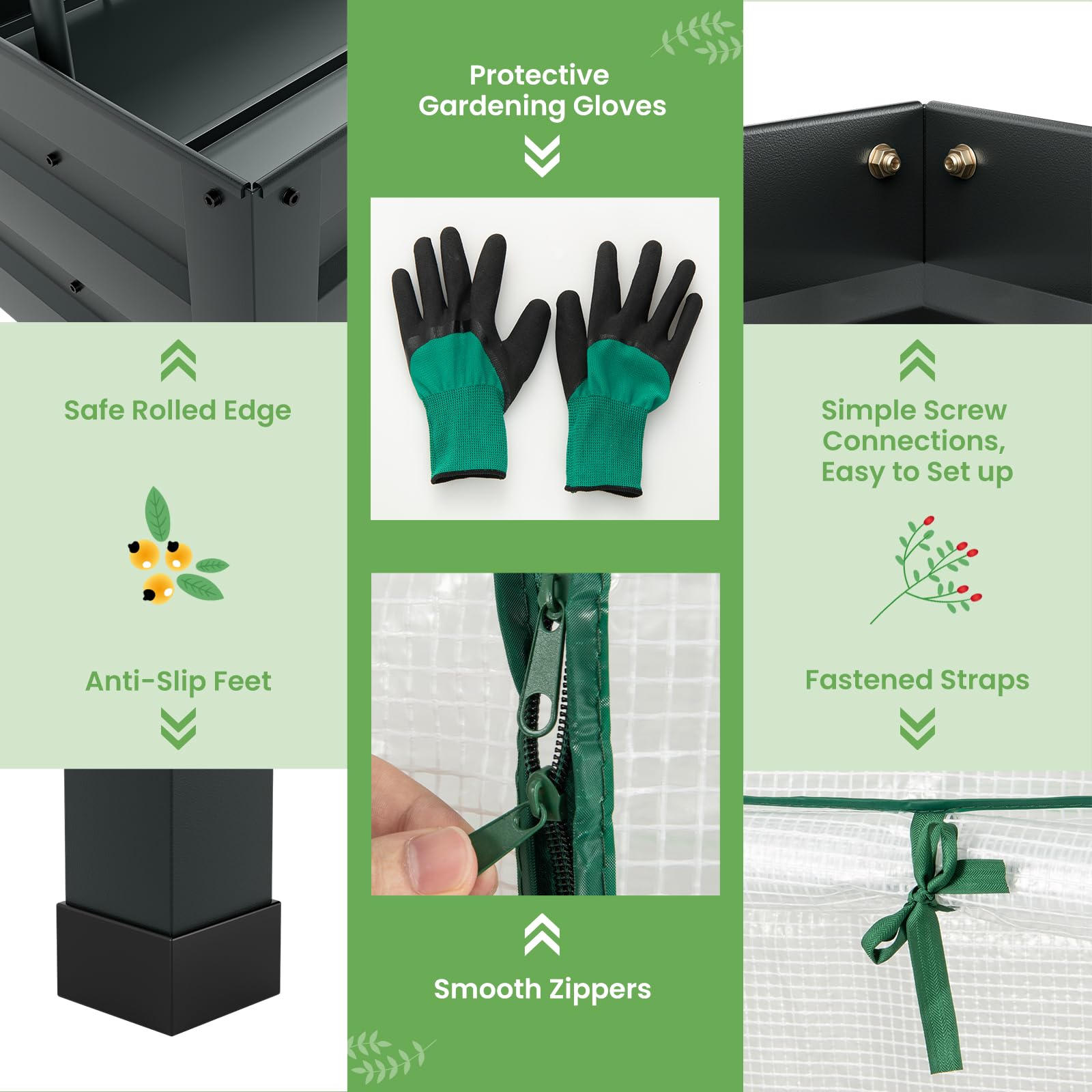 3-in-1 Raised Garden Bed w/Greenhouse Cover & Trellis, Galvanized Metal Elevated Planter Box w/Legs