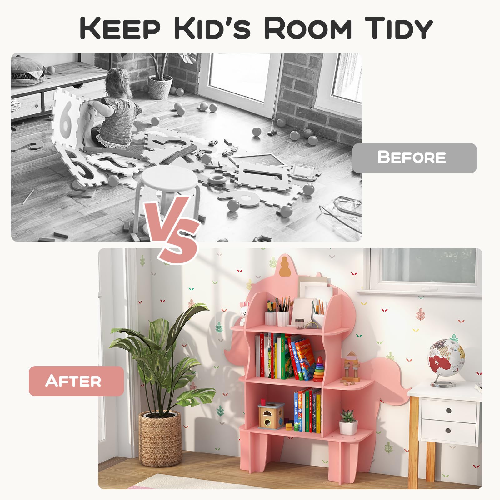 HONEY JOY Bookcase for Kids, 3-Tier Toy Storage Organizer with Open Storage Shelves