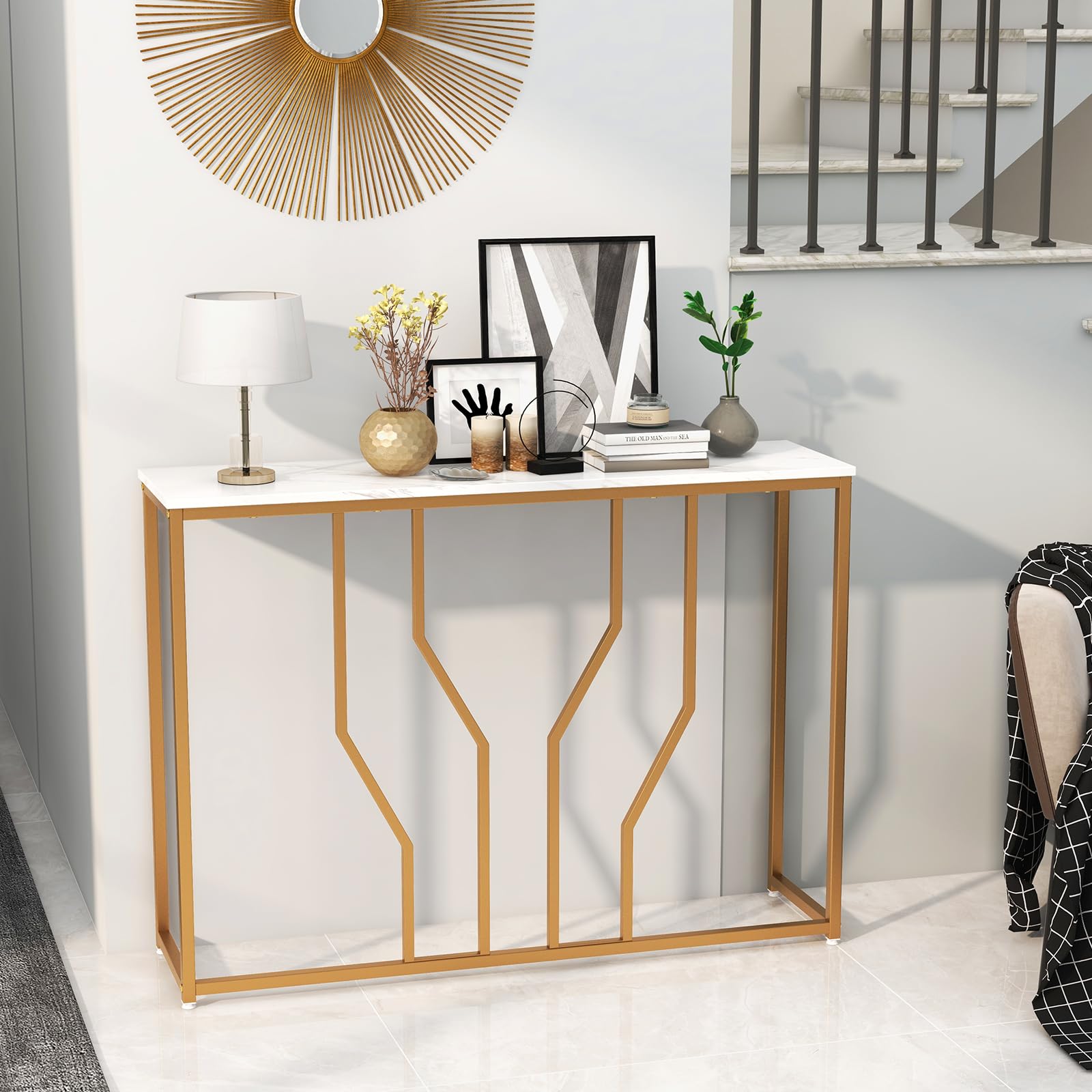 Giantex Gold Console Table, 110 cm Modern White Entryway Table with Faux Marble Tabletop