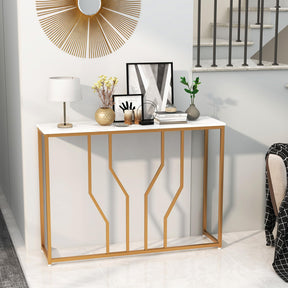 Giantex Gold Console Table, 110 cm Modern White Entryway Table with Faux Marble Tabletop