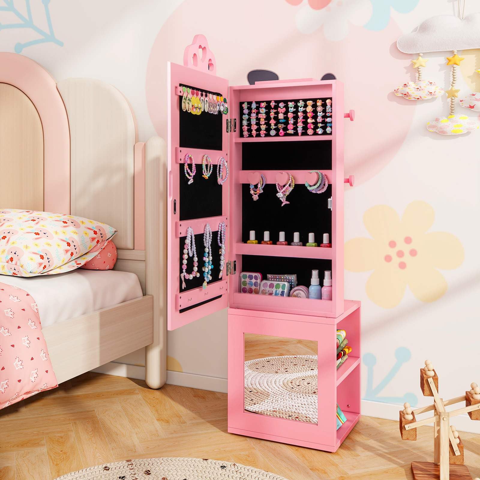 HONEY JOY Kids Jewelry Cabinet, 3-in-1 Freestanding Jewelry Armoire