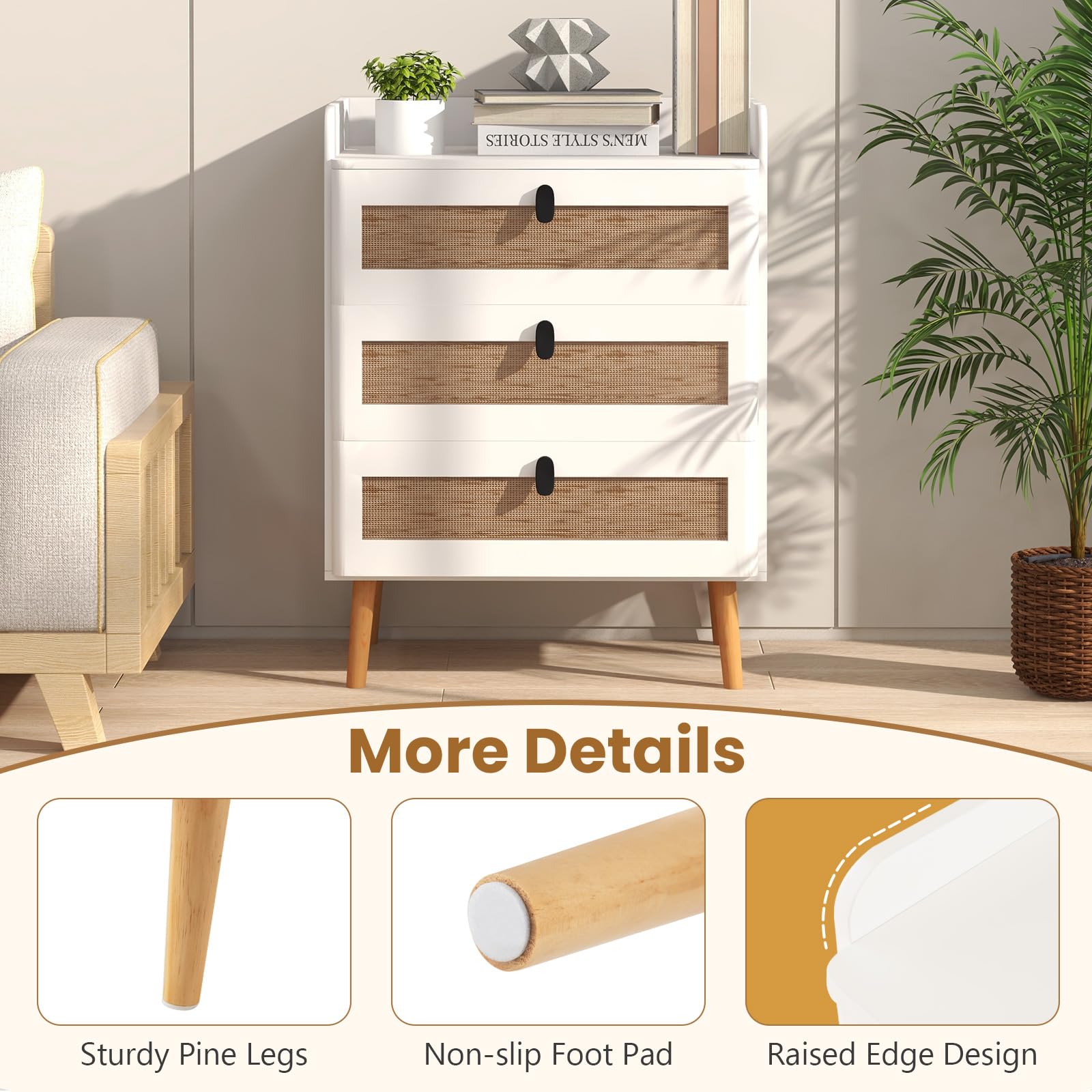 Giantex Nightstand Modern End Table Bedside Table with 3 Rattan Decorated Drawers for Small Spaces