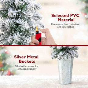 Set of 3 Snow-Flocked Christmas Tree with Silver Metal Buckets for Decoration