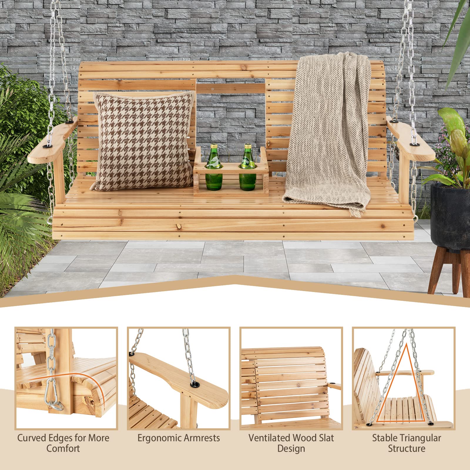 Hanging Porch Swing, 2-seat Wood Swing Bench W/Folding Cup Holder and Sturdy Metal Hanging Chains