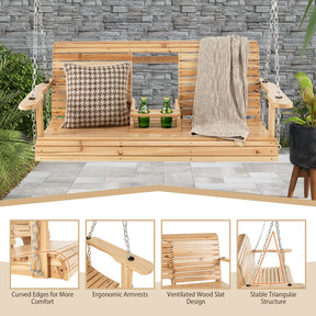 Hanging Porch Swing, 2-seat Wood Swing Bench W/Folding Cup Holder and Sturdy Metal Hanging Chains