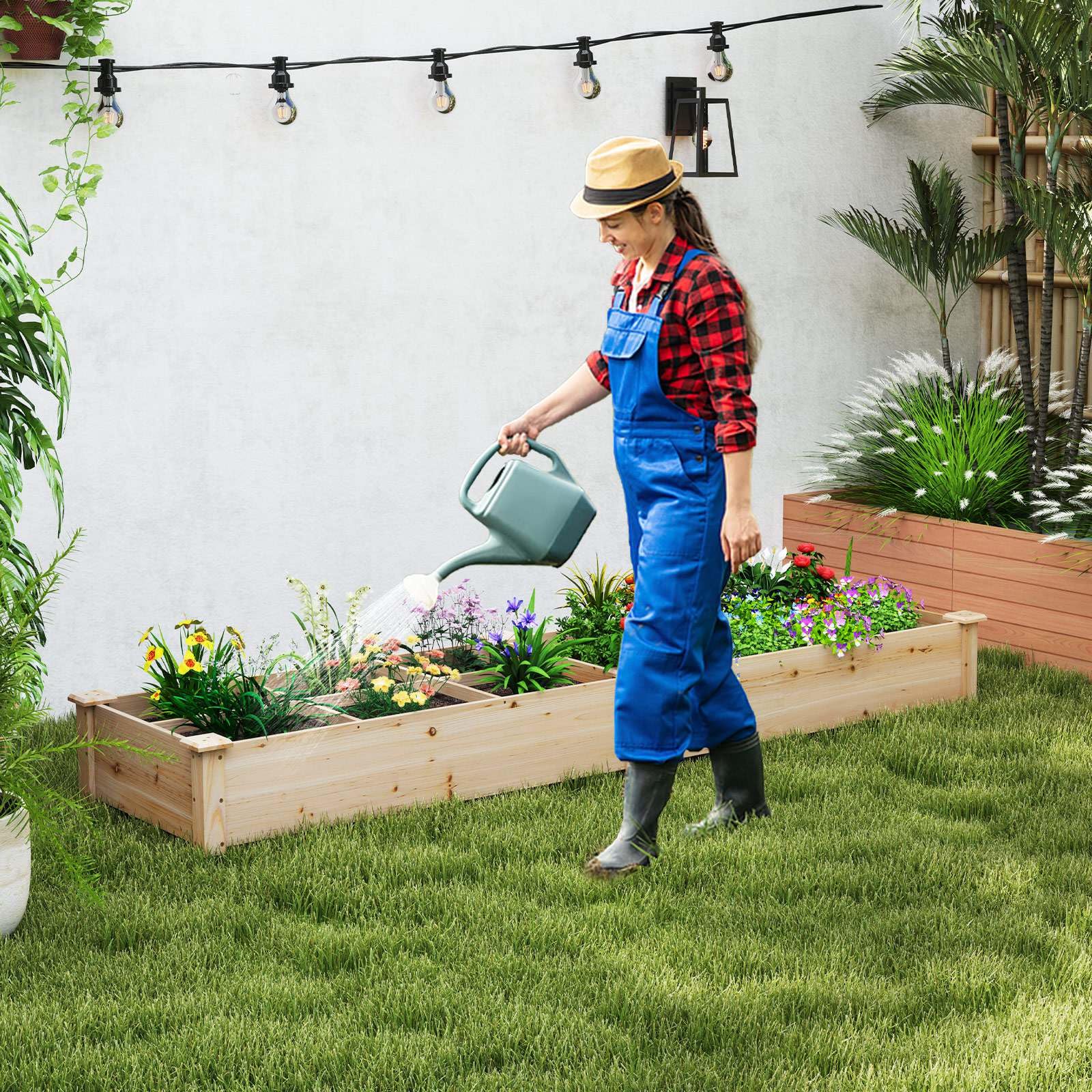 Wooden Raised Garden Bed with 2 Planter Boxes and Dividers