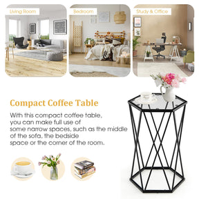 Giantex Compact Coffee Table, Hexagonal Side Table w/Tempered Glass Top & Metal Frame