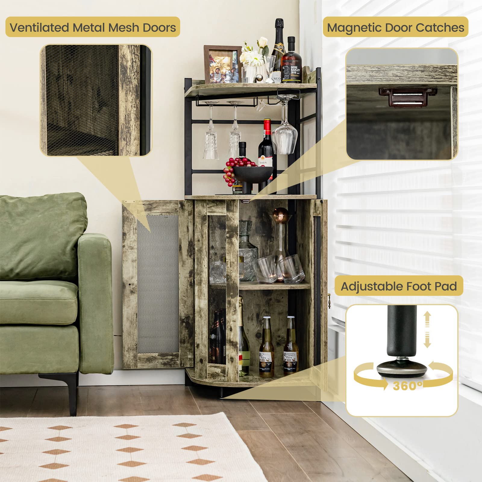 Giantex Corner Bar Cabinet with Glass Holder, Industrial Wine Cabinet with Metal Mesh Doors