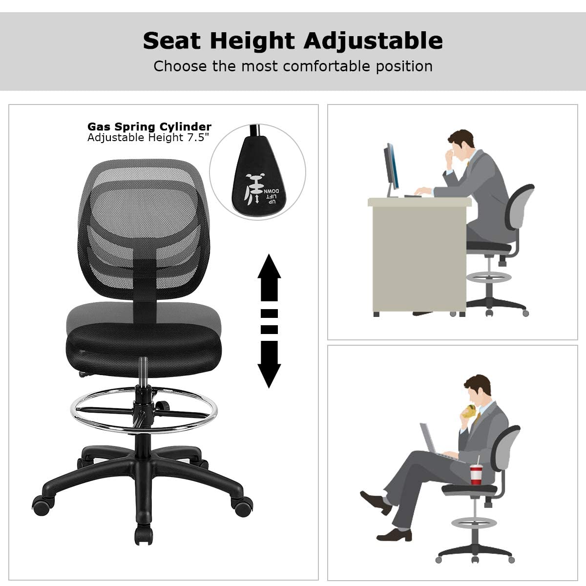 Mesh Drafting Computer Swivel Chair, Office Desk Chair, Ergonomic Armless Executive Task Chair