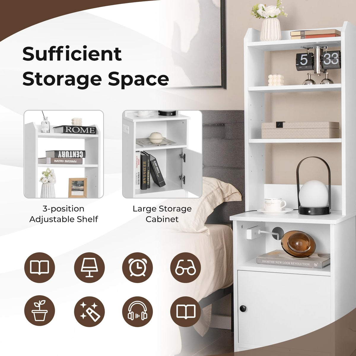 Tall Nightstand w/Built-in Charging Station, Bedside Tables Night Stands w/Shelf & Cabinet