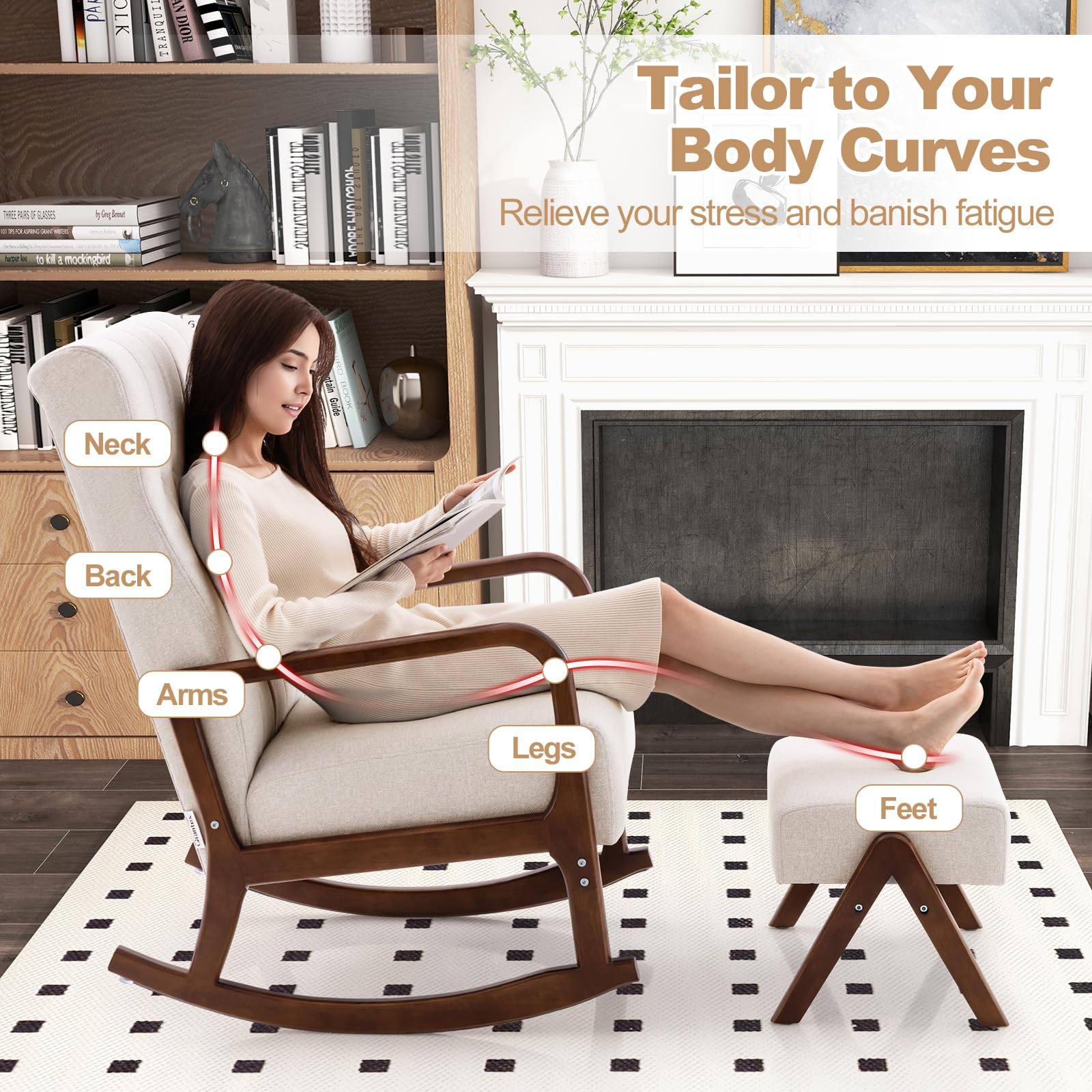 Giantex Rocking Chair with Ottoman, Upholstered Fabric Rocker with Solid Rubber Wood Frame & Padded Cushion