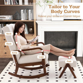 Giantex Rocking Chair with Ottoman, Upholstered Fabric Rocker with Solid Rubber Wood Frame & Padded Cushion