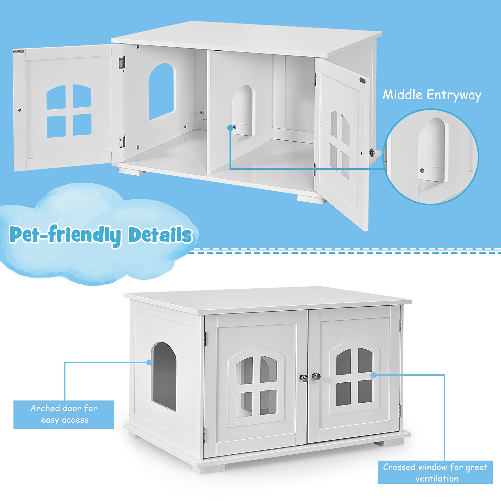 Cat Litter Box Enclosure Furniture Hidden, Wooden Washroom Storage Cabinet Bench w/Cross Windows