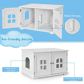 Cat Litter Box Enclosure Furniture Hidden, Wooden Washroom Storage Cabinet Bench w/Cross Windows
