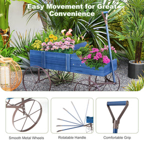 24.5" x 13.5" x 24"  Wooden Wagon Planter, Decorative Garden Planter Box with 2 Planting Sections, Wheels, Handle, Small Decorated Cart