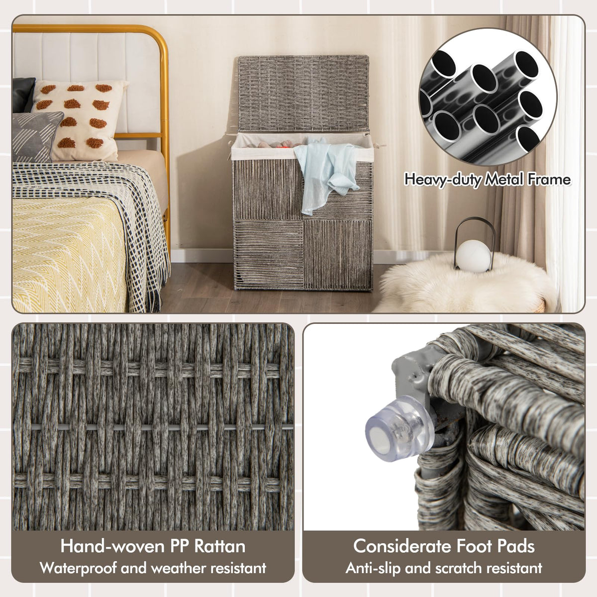 110 L Laundry Hamper with Lid, Hand-woven Rattan Laundry Basket with Convenient Handles & Removable Liner Bag