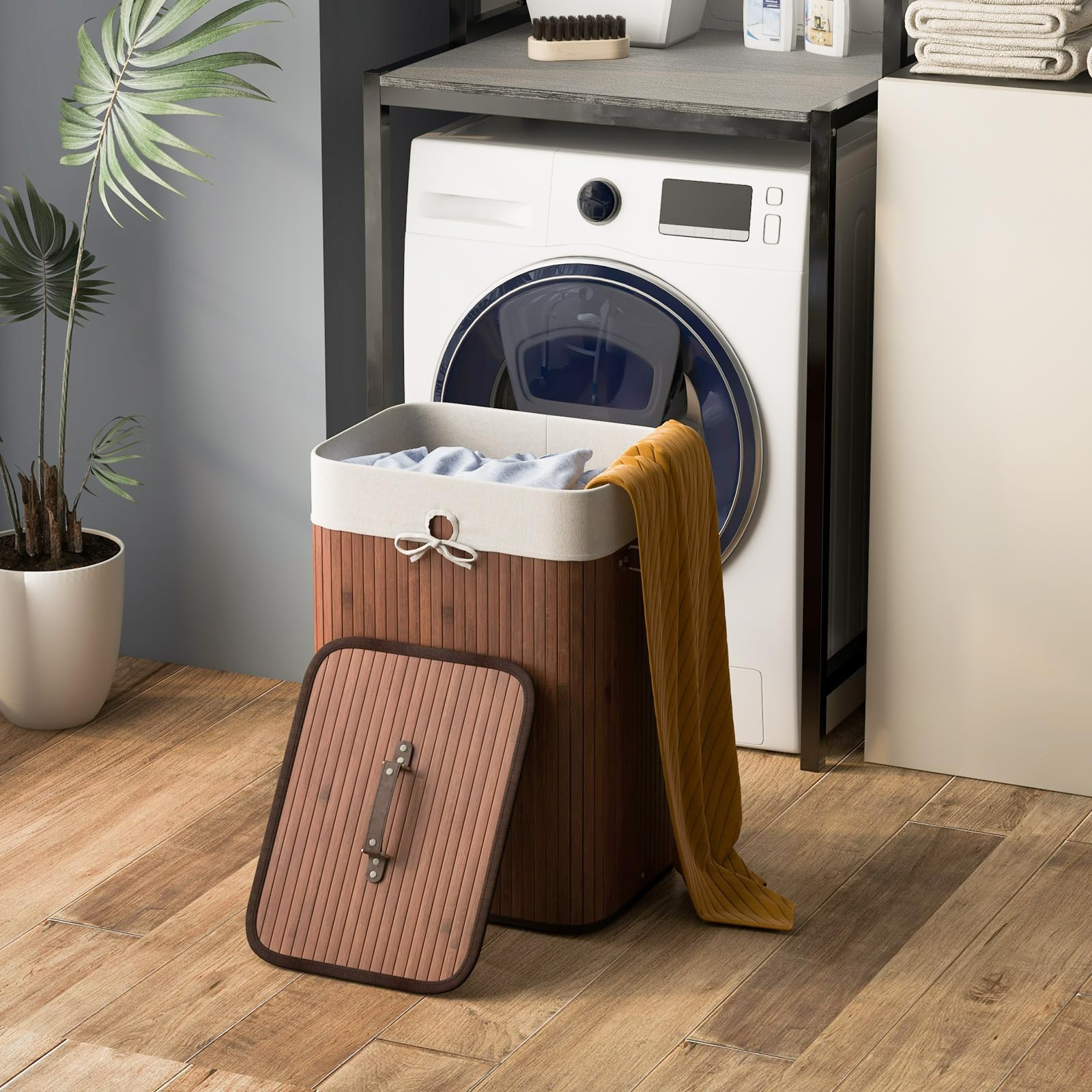Giantex Laundry Hamper with Lid, 72L Bamboo Laundry Basket with Removable and Machine Washable Liner Bag