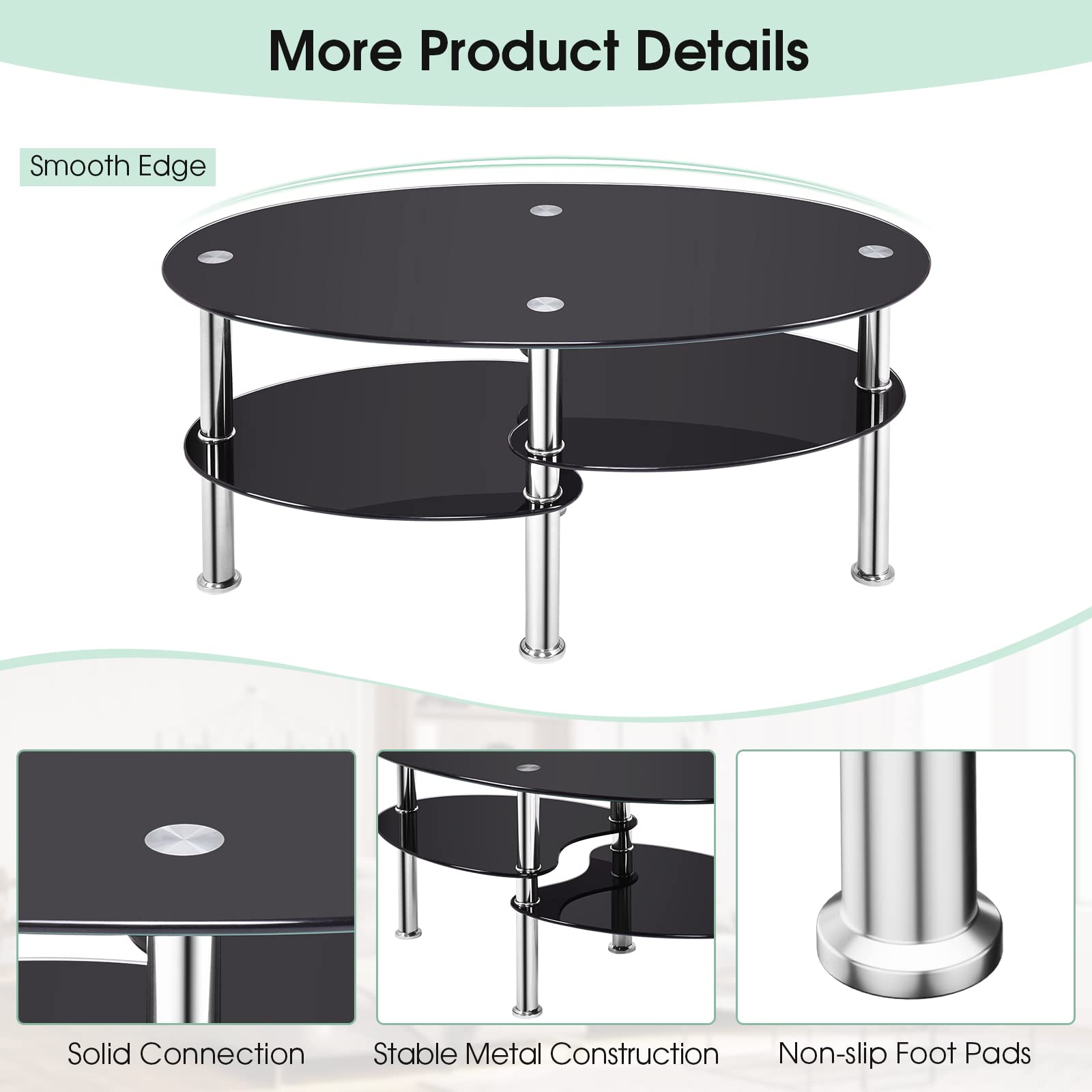 Giantex Tempered Glass Coffee Table, 3-Tire Modern Oval Tea Table, Smooth End Table with Open Storage Shelf