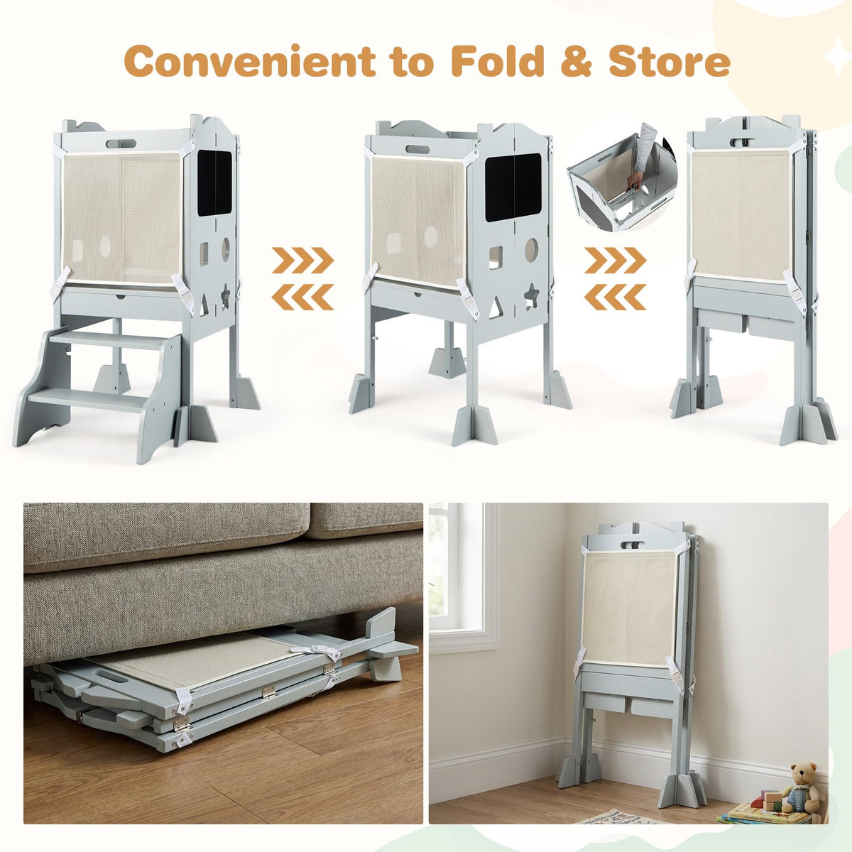 Foldable Toddler Tower with 3 Using Modes Step Stool, Standing Kitchen Tower w/ 2-Step Stool