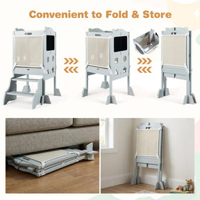 Foldable Toddler Tower with 3 Using Modes Step Stool, Standing Kitchen Tower w/ 2-Step Stool