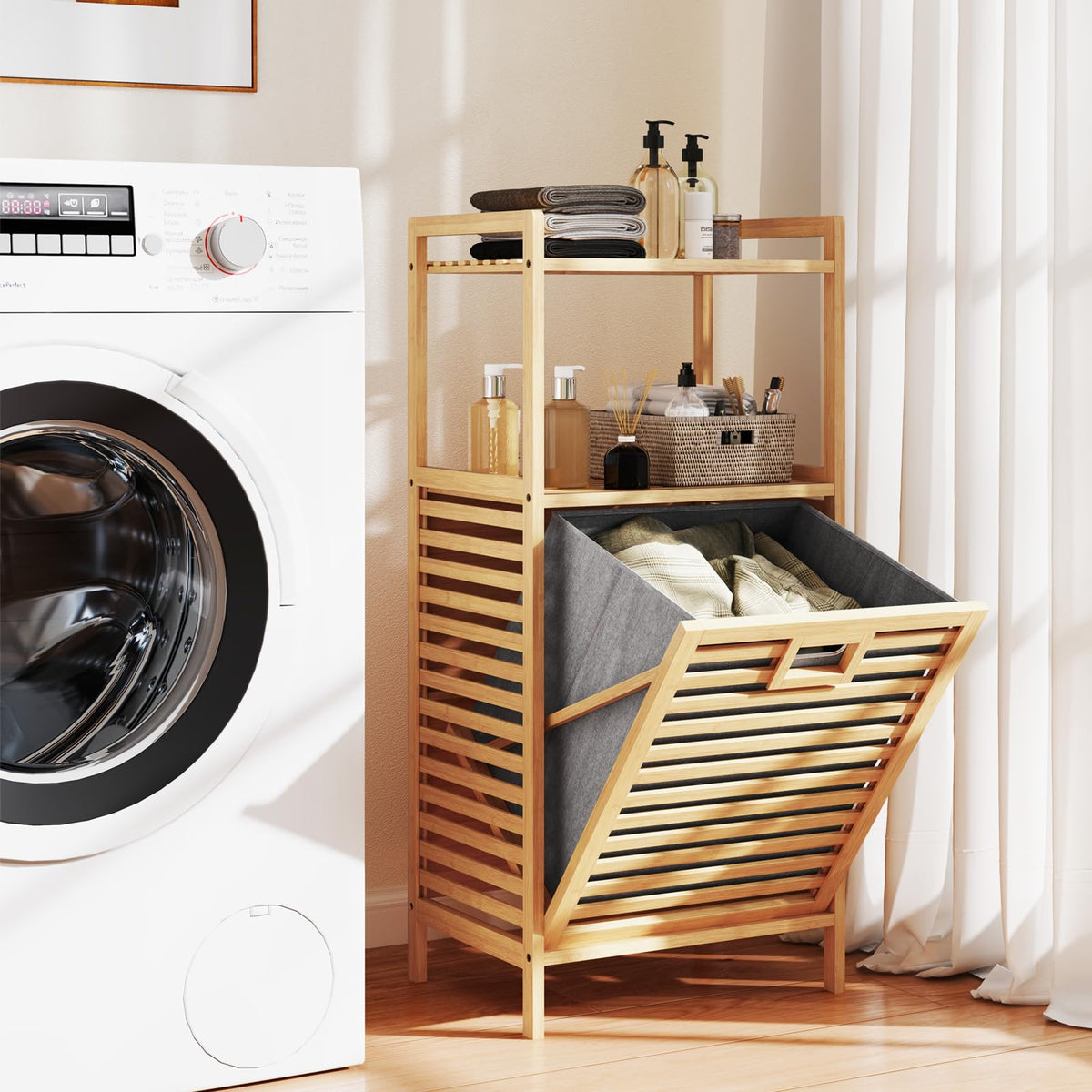 Bathroom Shelf w/Laundry Basket, Bathroom Shelf Made of Bamboo, Bathroom Cabinet w/ 2 Shelves for Bathroom Accessories