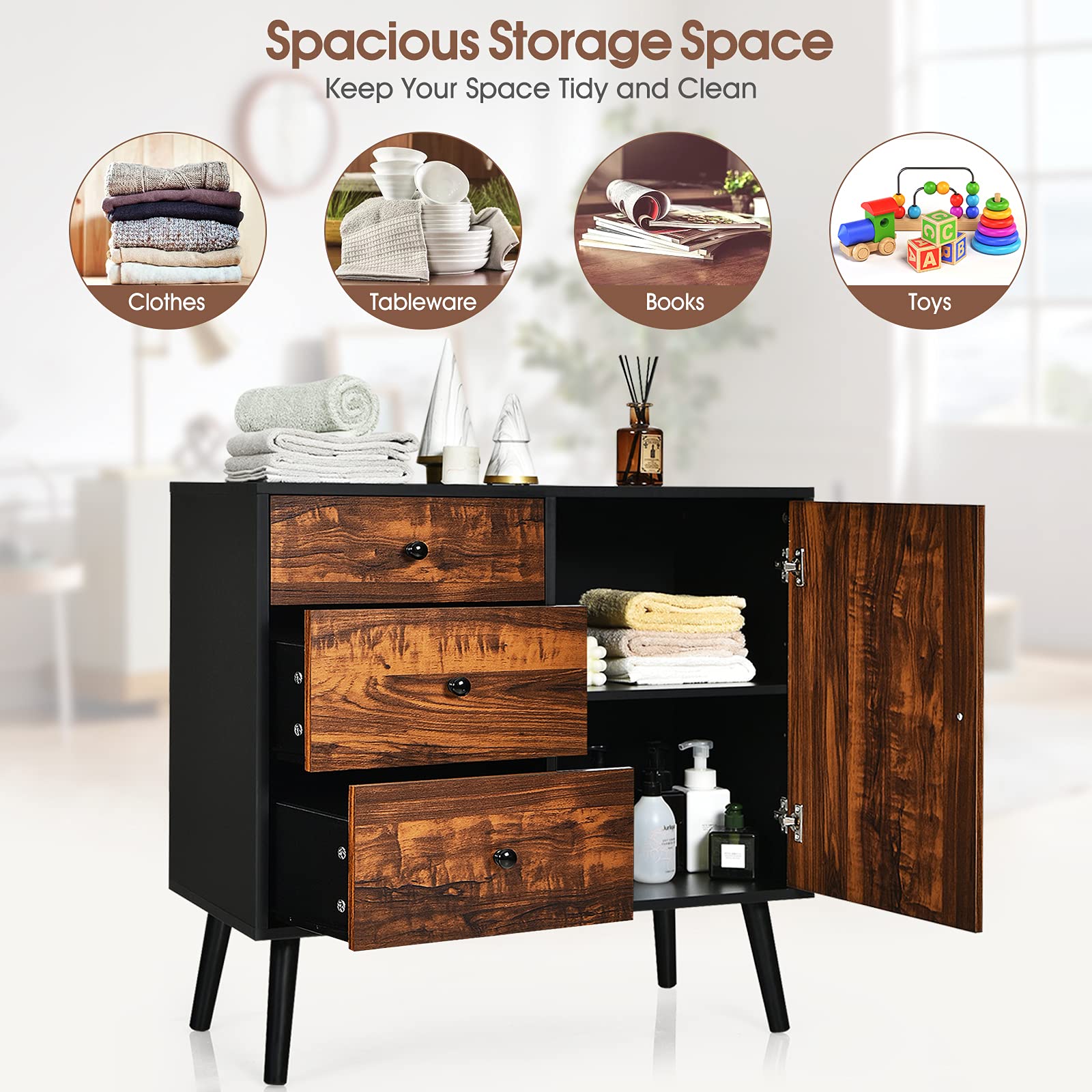 Giantex Retro Storage Cabinet, Vintage Cupboard with 3 Drawers and Adjustable Shelf Rustic Brown