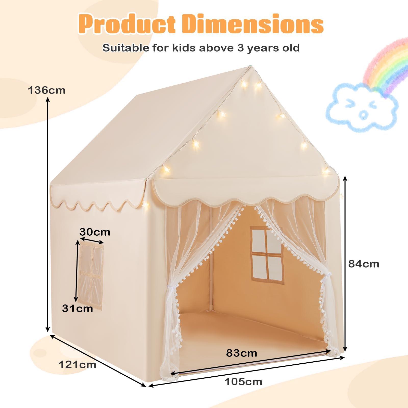 Kids Play Tent, Large Playhouse with Star Ornaments, Washable Mat, Windows