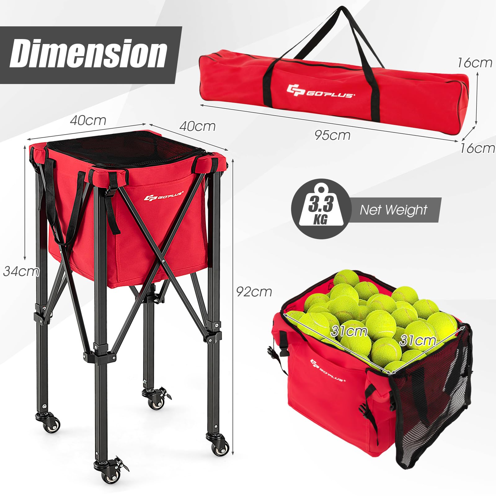 Foldable Tennis Ball Cart, Lightweight Aluminum Tennis Ball Hopper Basket w/Wheels
