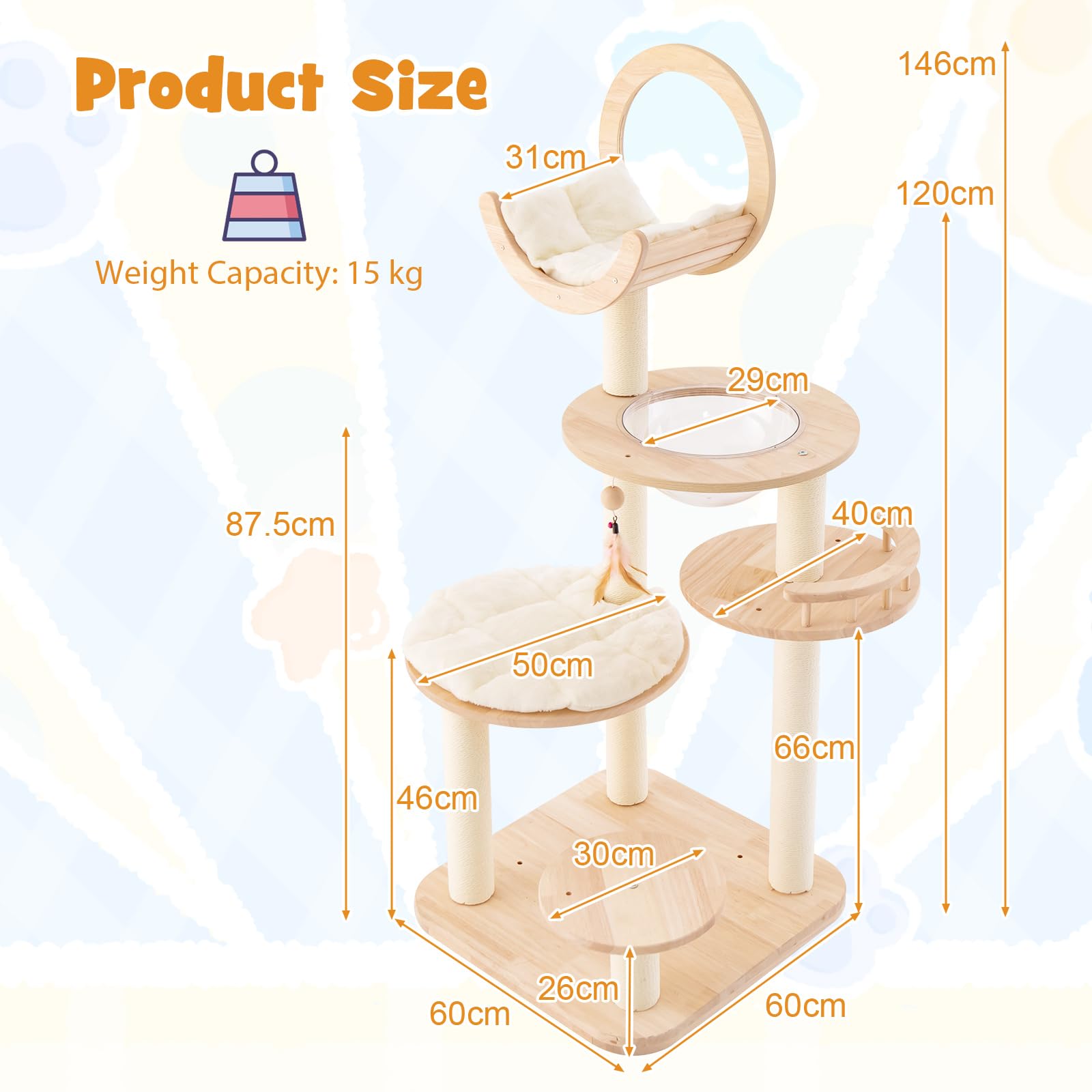Building Block Cat Tree, 4-in-1 Large Wooden Cat Tower with Space Capsule Nest