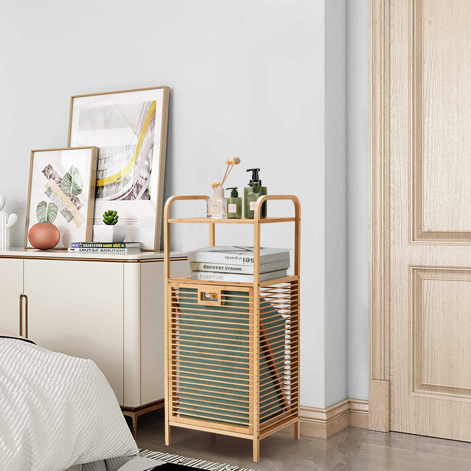 Giantex Tilt-out Laundry Hamper, Bamboo Wood Laundry Shelf Cabinet, Space-saving Laundry Hamper
