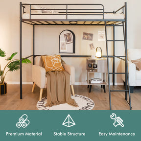 Loft Bed with Ladder, Heavy-Duty Steel Bed Frame with High Guard Rails, Versatile Bed Frame with Ample Underneath Floor Space for Working & Relaxation