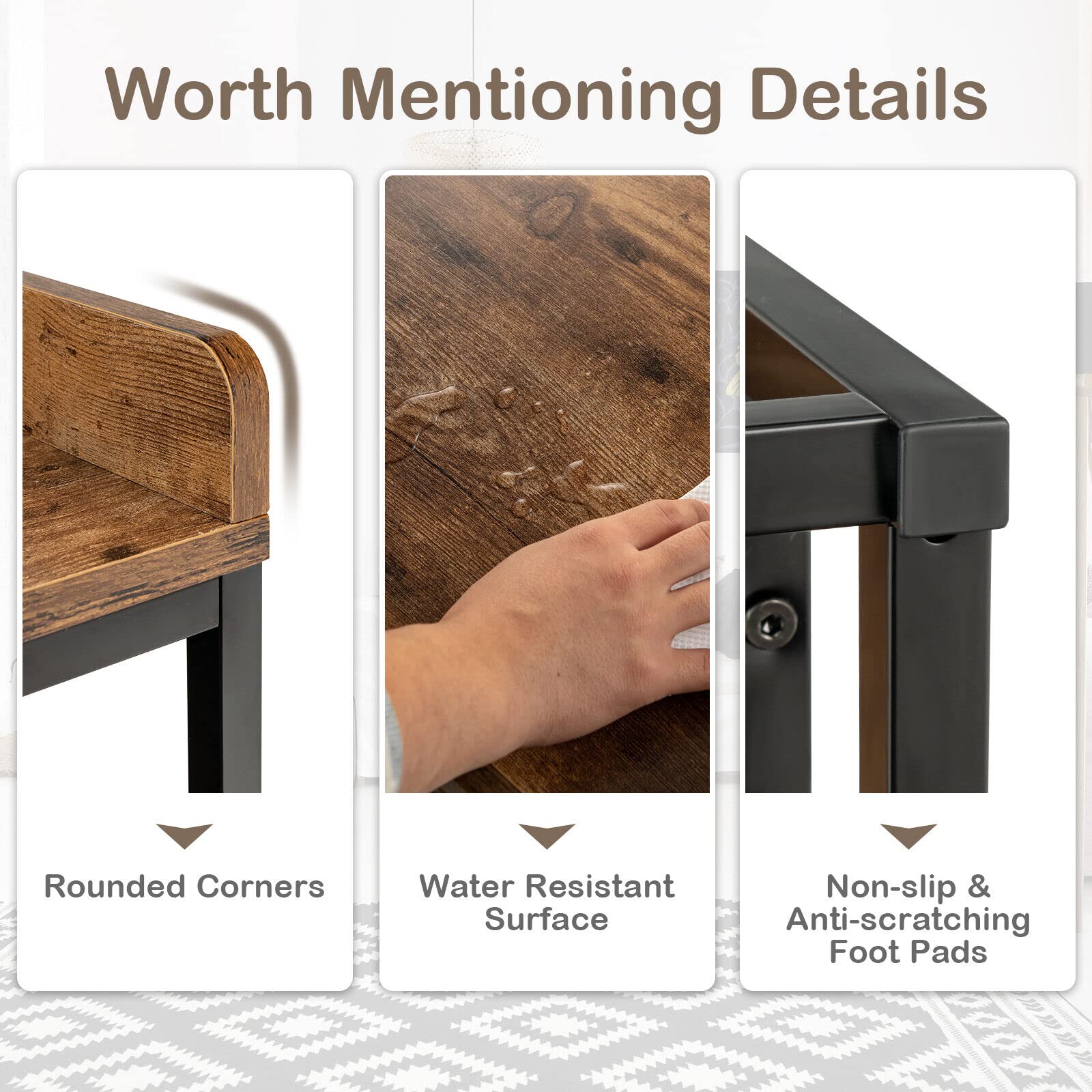 Giantex Rustic Side Table with Drawer, 3-Tier Nightstand with Raised Top Baffles, Open Compartment, Rustic Brown