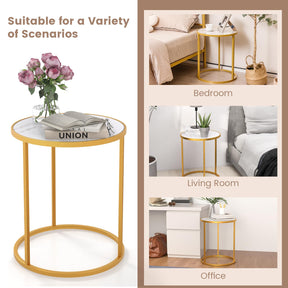 Round Side Table, 40 x 40cm End Table w/Marble Top & Golden Metal Frame
