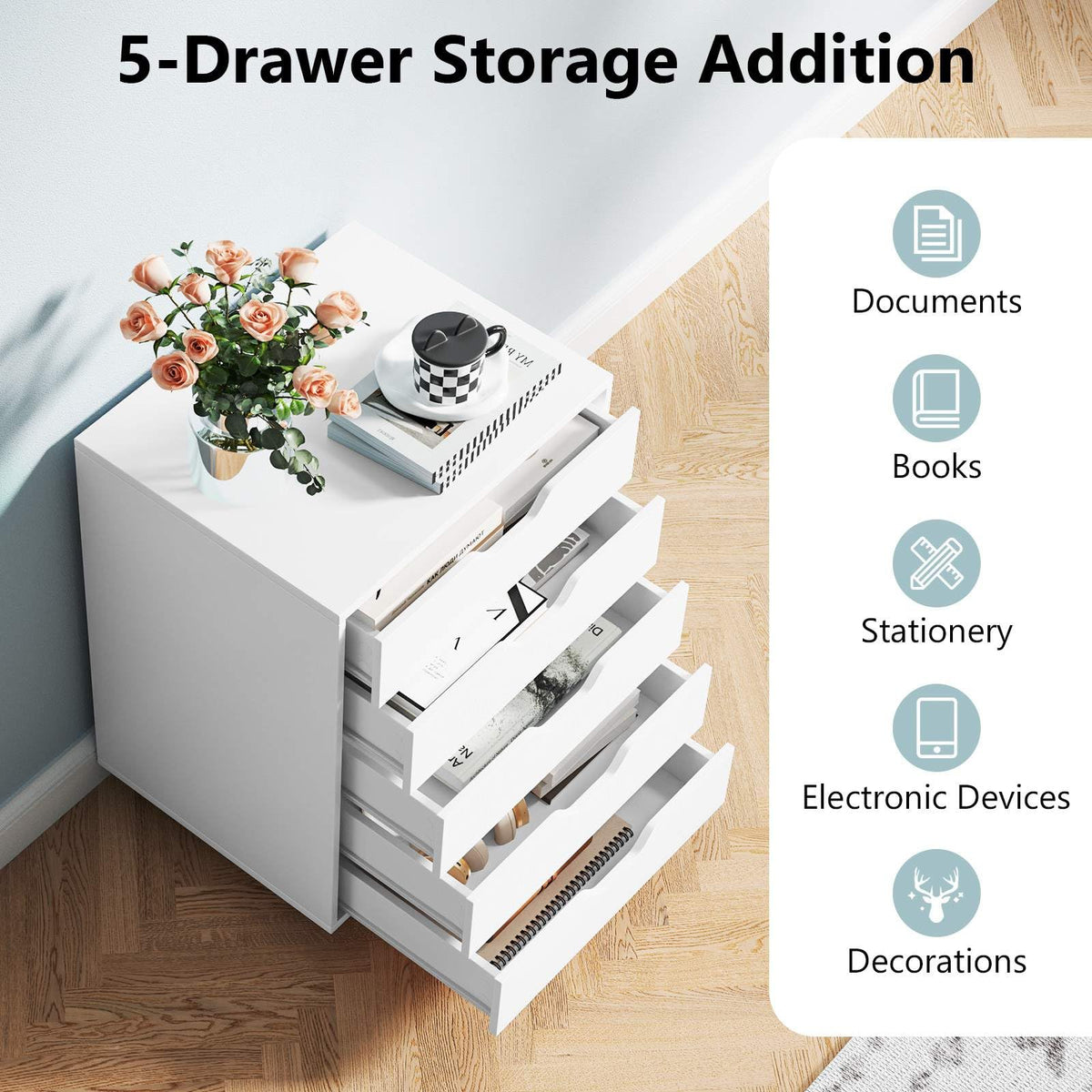5 Drawer Chest, Rolling Dresser Storage Cabinet with Lockable Wheels, Under Desk Filing Cabinet, Wood Printer Stand for Home Office