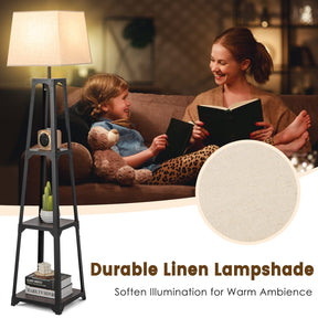 Shelf Floor Lamp, Display Floor Lamp with Shelves and Linen Lampshade
