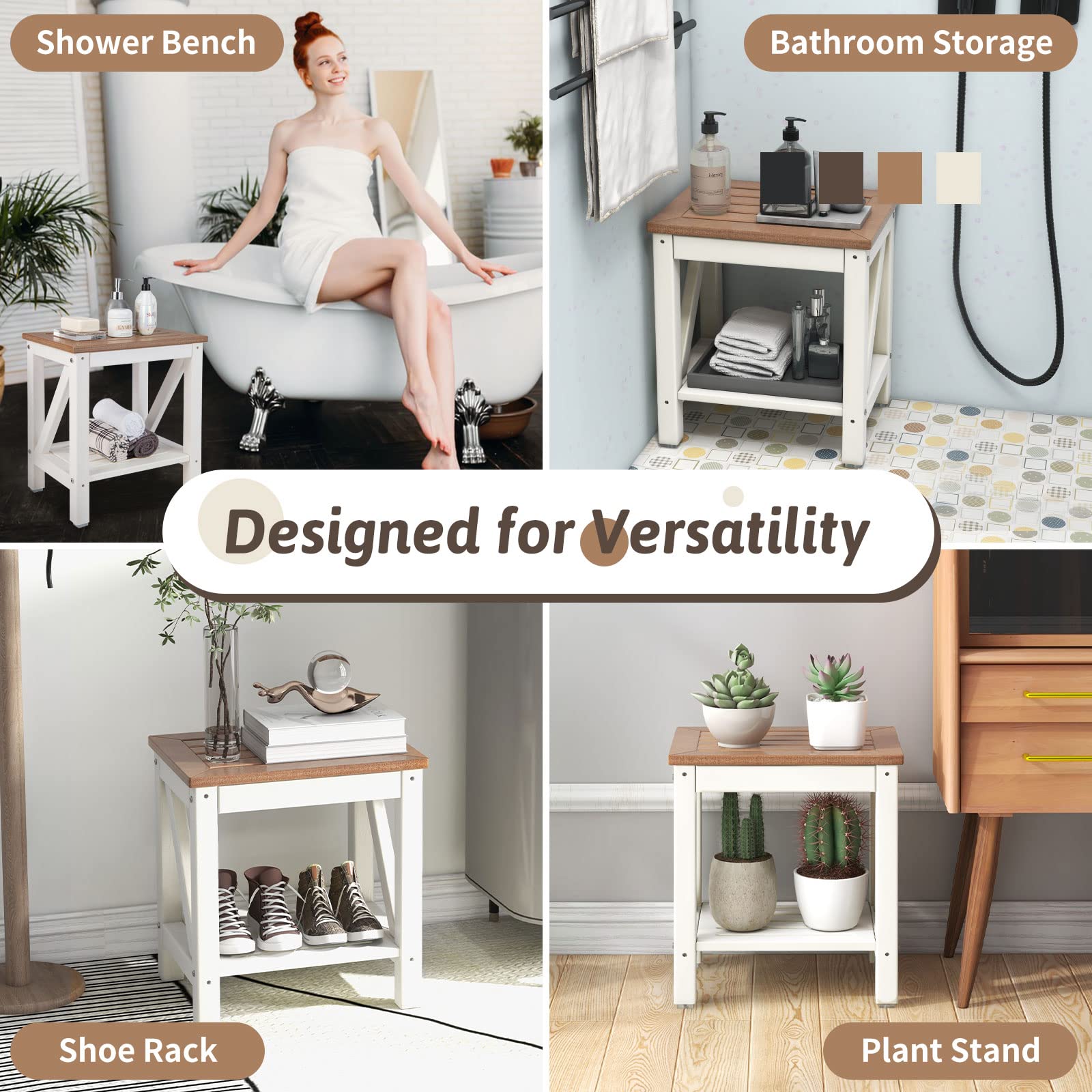 Waterproof Bathroom Shower Stool w/Bottom Storage Shelf & Non-Slip Foot Pads for Bath Spa & Shaving Legs