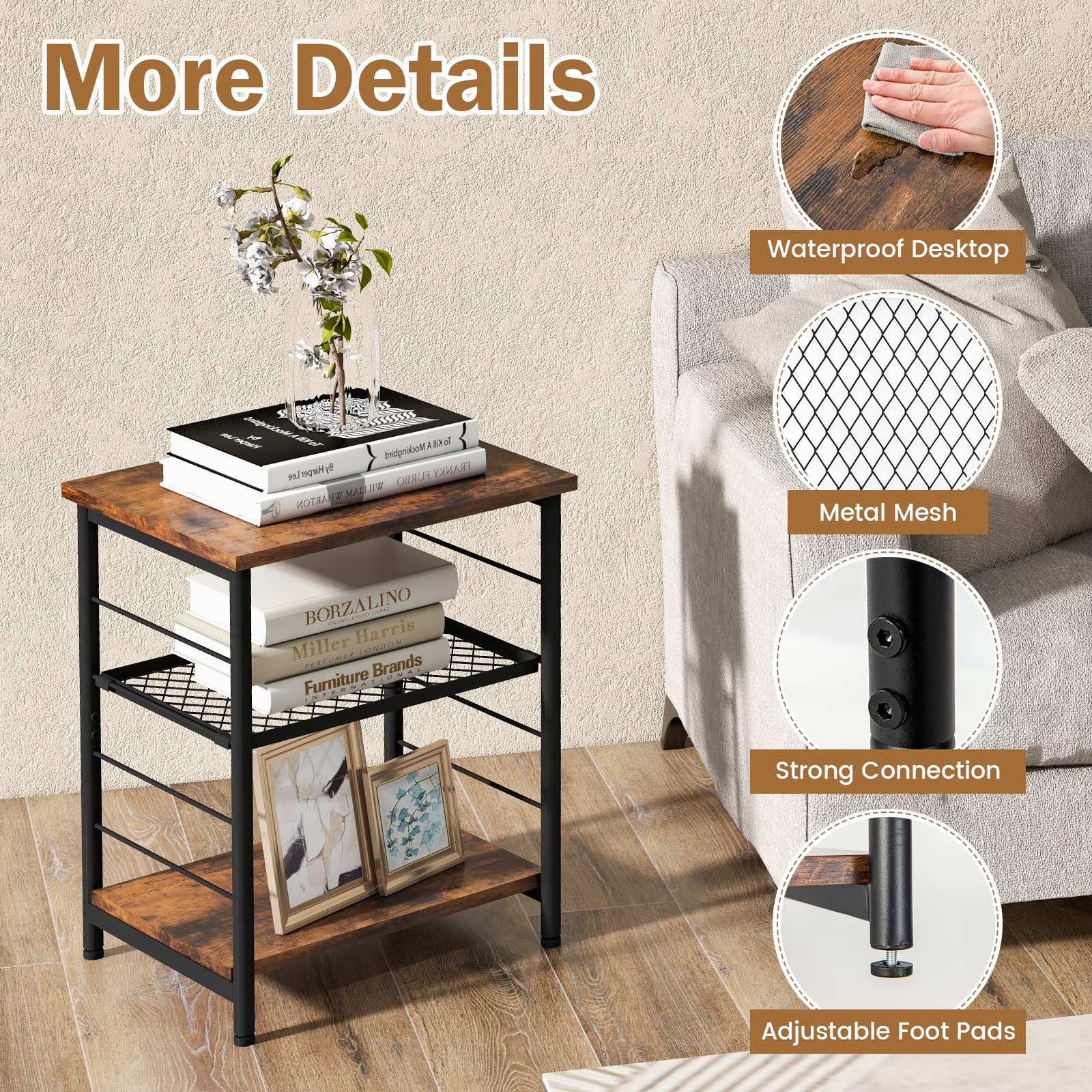 Giantex 3-Tier Industrial Side Table, Metal Frame Bedside Table