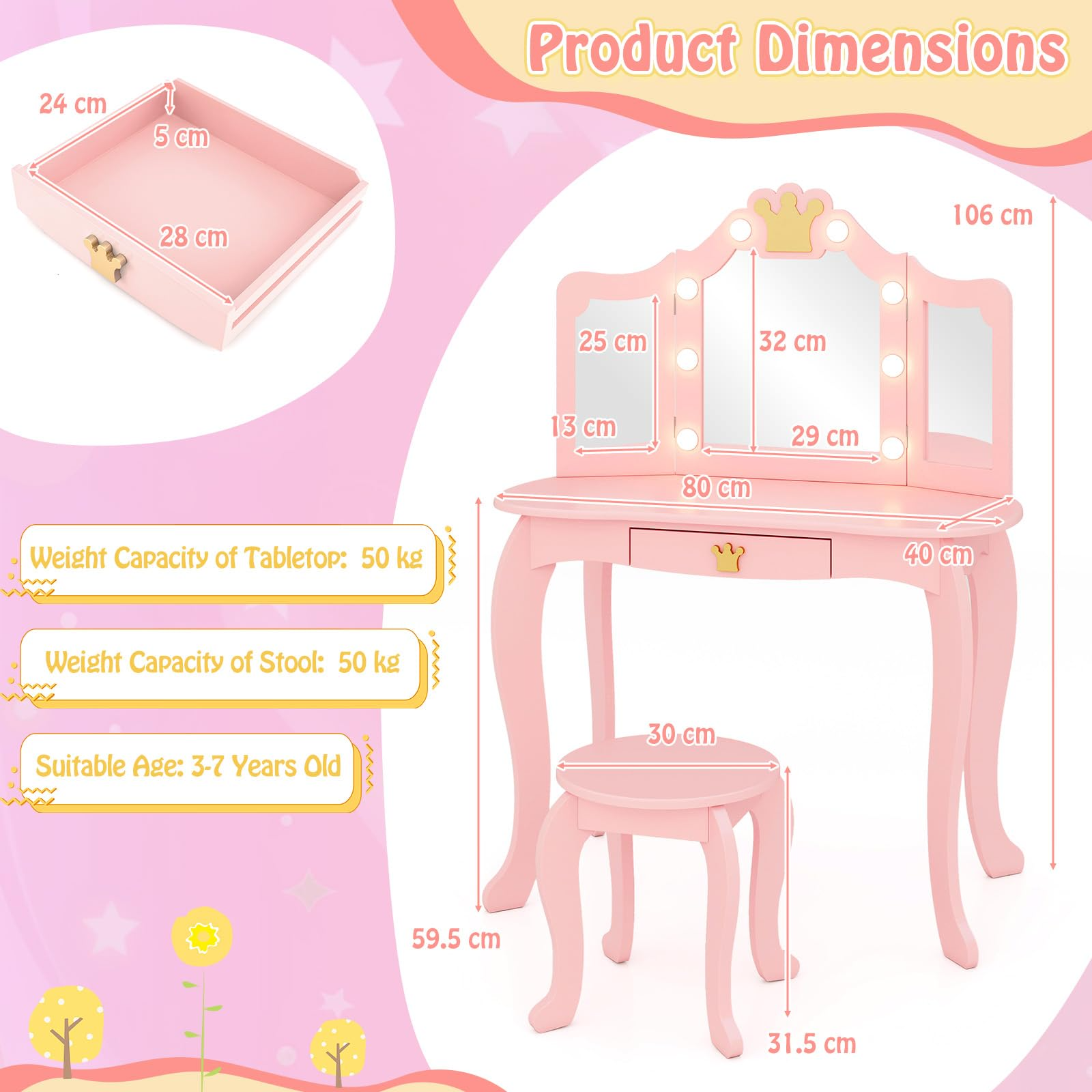 Kids Vanity Set with 3-Color Adjustable Lighted Mirror