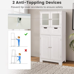 Giantex Floor Storage Cabinet with 4 Doors, Freestanding Bathroom Cabinet with 2 Glass Doors, White