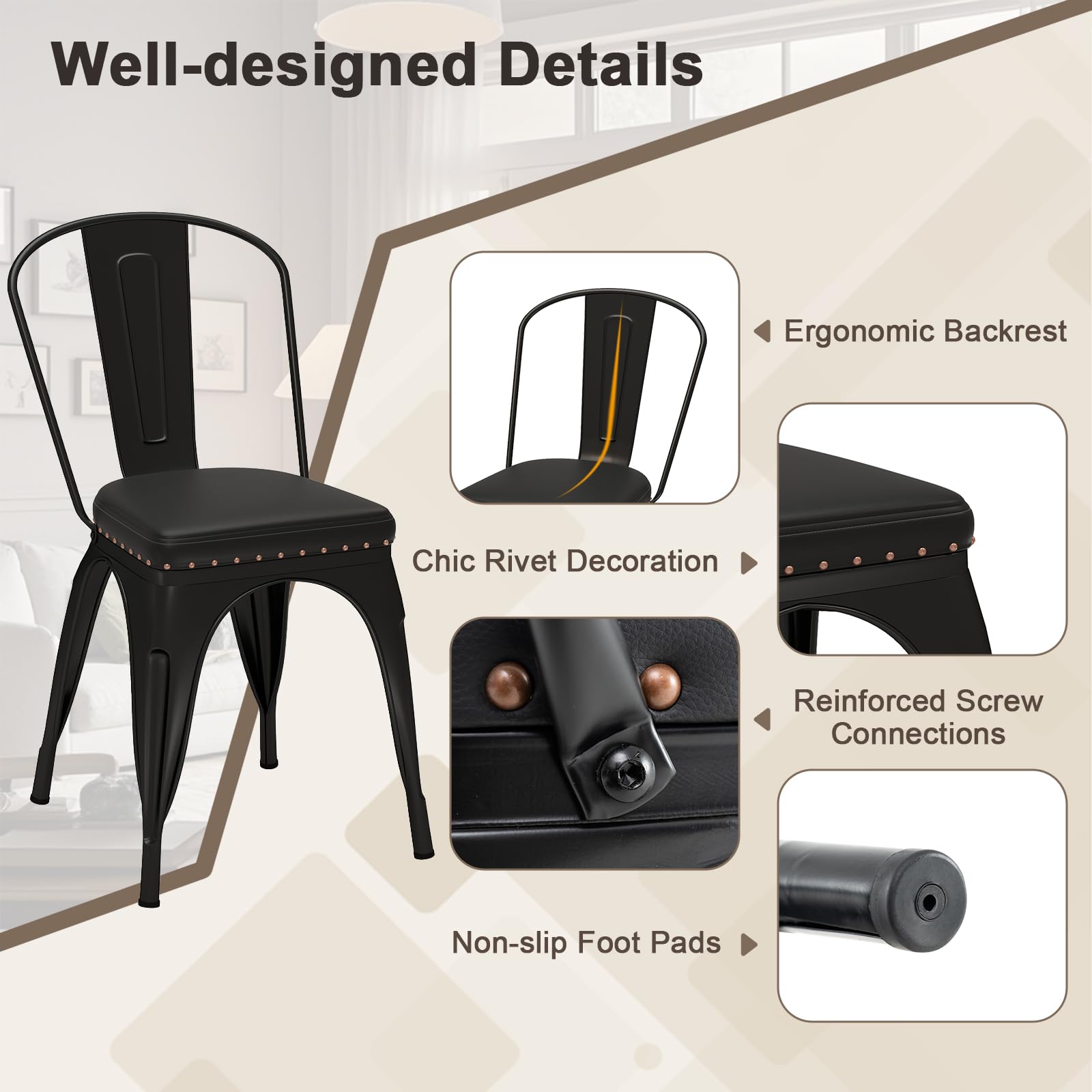 Metal Dining Chair Set of 4 Stackable Kitchen Chairs Cafe Restaurant Chairs