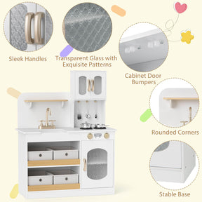 Play Kitchen for Kids with Storage, Wooden Toy Kitchen Set w/4 Storage Bins